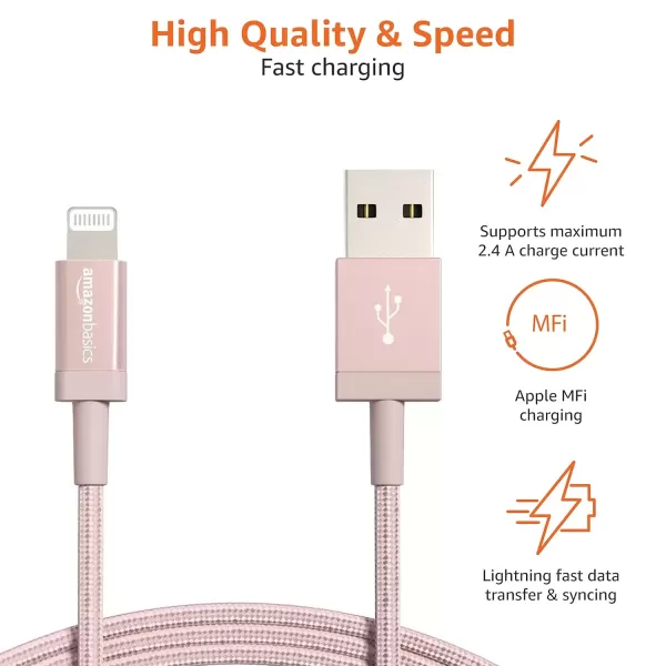 imageAmazon Basics Fast Charging USBC to Lightning iPhone Charger Cable Nylon Braided Cord MFi Certified Compatible Charger for Apple iPhone 14 13 12 11 X Xs Pro Pro Max Plus iPad 6 Foot Dark GrayRose Gold