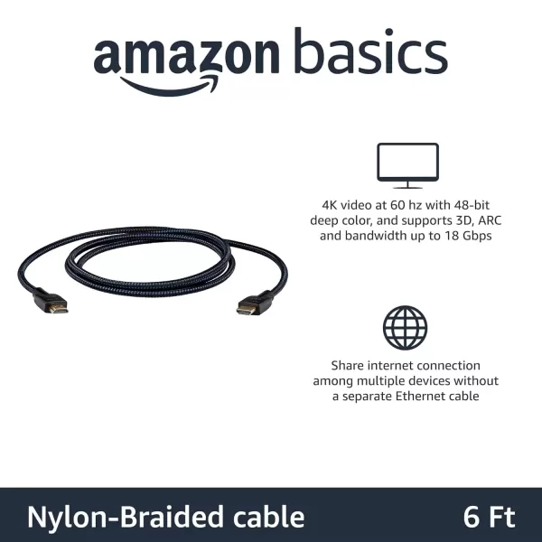 imageAmazon Basics HighSpeed 4K Ultra HD HDMI NylonBraided Cable 3 feet 18Gbps 60Hz 2160p 48bit MaletoMale Ethernet Ready 3D Black ampamp BlueBlack