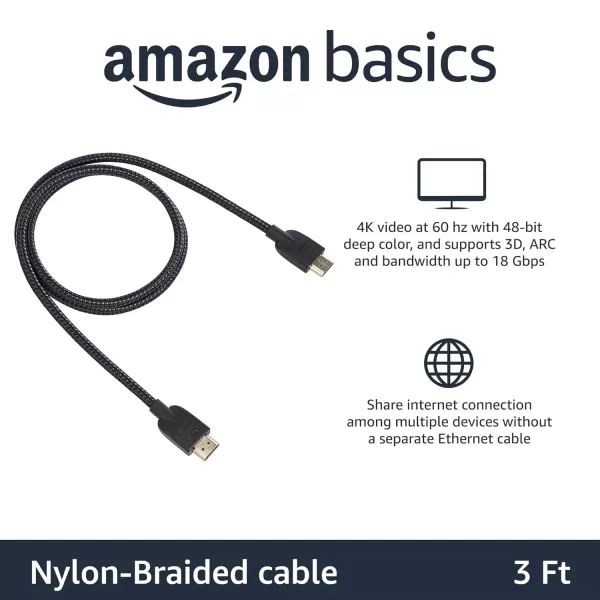 imageAmazon Basics HighSpeed 4K Ultra HD HDMI NylonBraided Cable 3 feet 18Gbps 60Hz 2160p 48bit MaletoMale Ethernet Ready 3D Black ampamp BlueBlack