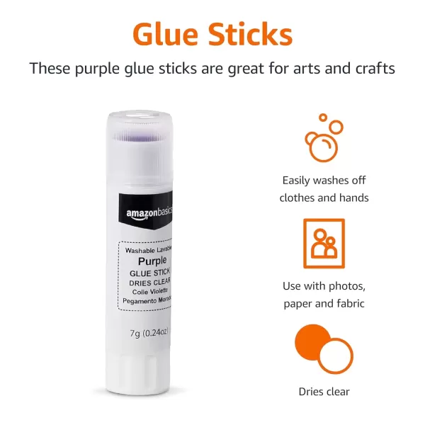 imageAmazon Basics Purple Washable School Glue Sticks Dries Clear 021oz Stick 2PackPurple