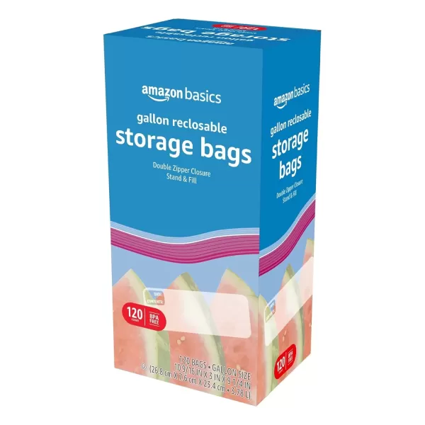 imageAmazon Basics Reclosable Gallon Food Storage Bags Stand ampampFill Base 120 CountGallon Pack of 120