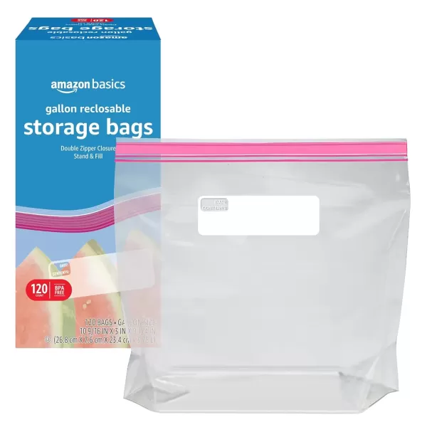 imageAmazon Basics Reclosable Gallon Food Storage Bags Stand ampampFill Base 120 CountGallon Pack of 120