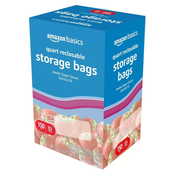 imageAmazon Basics Reclosable Gallon Food Storage Bags Stand ampampFill Base 120 CountQuart Pack of 150