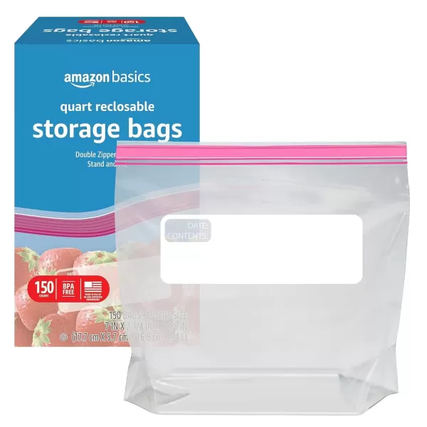 imageAmazon Basics Reclosable Gallon Food Storage Bags Stand ampampFill Base 120 CountQuart Pack of 150