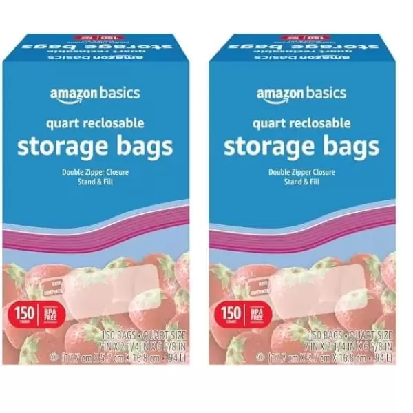 imageAmazon Basics Reclosable Gallon Food Storage Bags Stand ampampFill Base 120 CountQuart Pack of 300