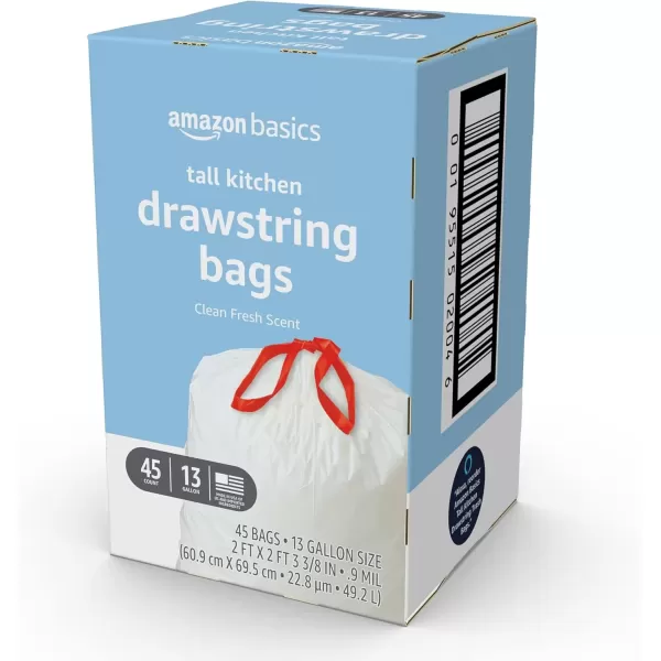 imageAmazon Basics Tall Kitchen Drawstring Trash Bags Clean Fresh Scent 13 Gallon 45 Count Pack of 1Clean Fresh