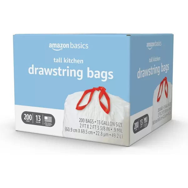 imageAmazon Basics Tall Kitchen Drawstring Trash Bags Clean Fresh Scent 13 Gallon 45 Count Pack of 1Clean Fresh