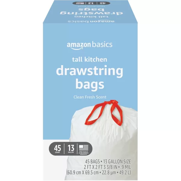 imageAmazon Basics Tall Kitchen Drawstring Trash Bags Clean Fresh Scent 13 Gallon 45 Count Pack of 1Clean Fresh