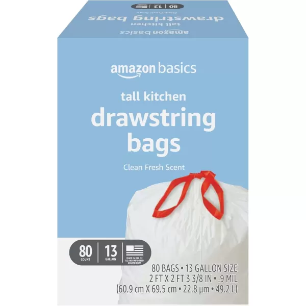 imageAmazon Basics Tall Kitchen Drawstring Trash Bags Clean Fresh Scent 13 Gallon 45 Count Pack of 1Clean Fresh