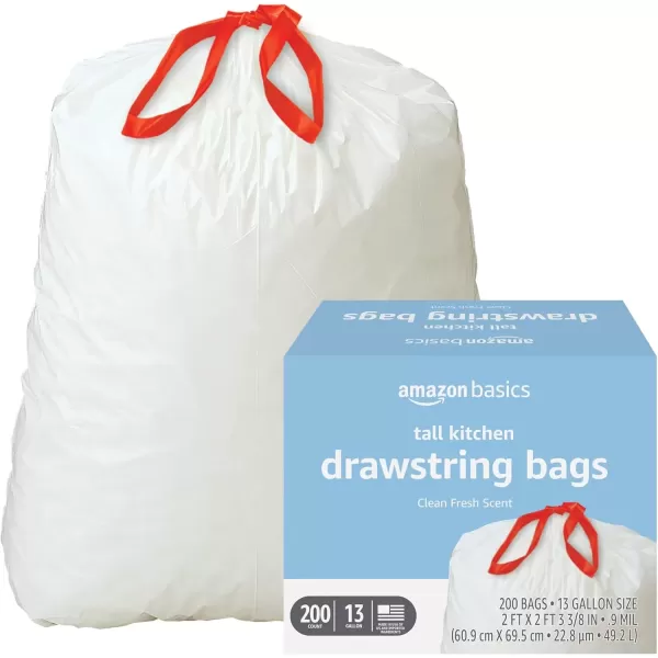 imageAmazon Basics Tall Kitchen Drawstring Trash Bags Clean Fresh Scent 13 Gallon 45 Count Pack of 1Clean Fresh