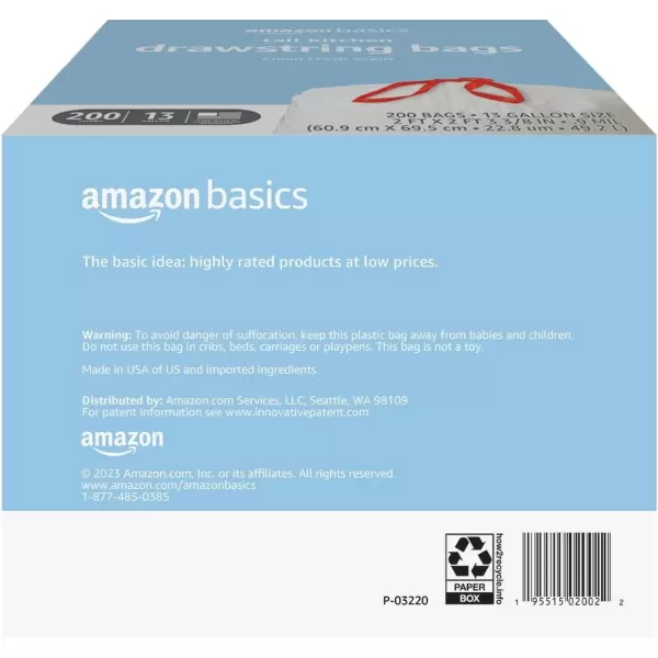 imageAmazon Basics Tall Kitchen Drawstring Trash Bags Clean Fresh Scent 13 Gallon 45 Count Pack of 1Clean Fresh