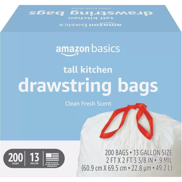 imageAmazon Basics Tall Kitchen Drawstring Trash Bags Clean Fresh Scent 13 Gallon 45 Count Pack of 1Clean Fresh