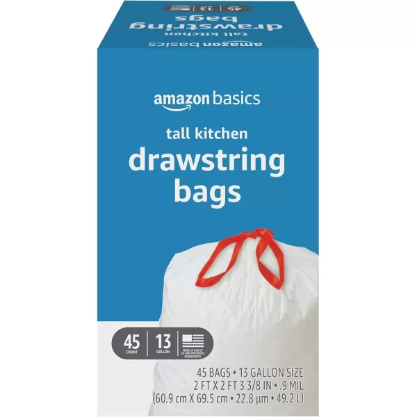 imageAmazon Basics Tall Kitchen Drawstring Trash Bags Clean Fresh Scent 13 Gallon 45 Count Pack of 1Unscented