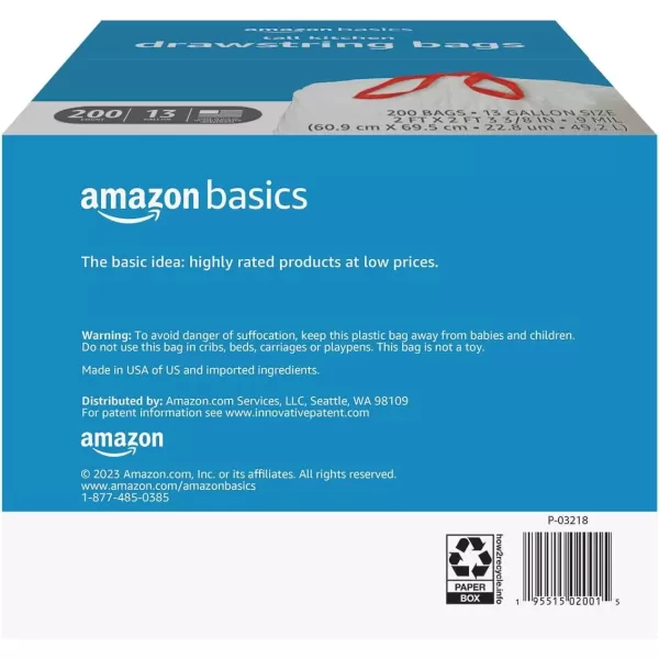imageAmazon Basics Tall Kitchen Drawstring Trash Bags Clean Fresh Scent 13 Gallon 45 Count Pack of 1Unscented