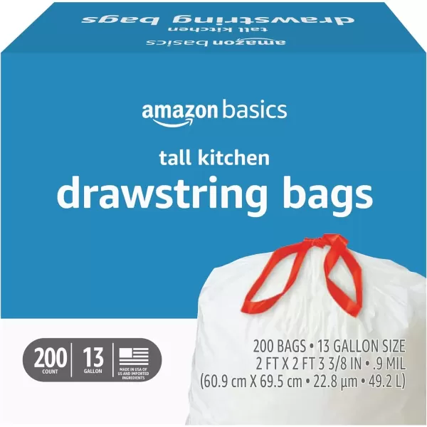 imageAmazon Basics Tall Kitchen Drawstring Trash Bags Clean Fresh Scent 13 Gallon 45 Count Pack of 1Unscented