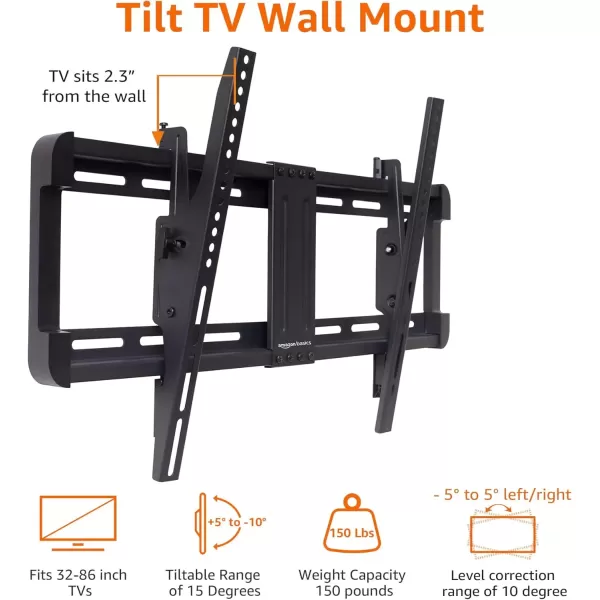 imageAmazon Basics Tilt TV Wall Mount with Horizontal Post Installation Leveling for 32Inch to 86Inch TVs BlackTilt