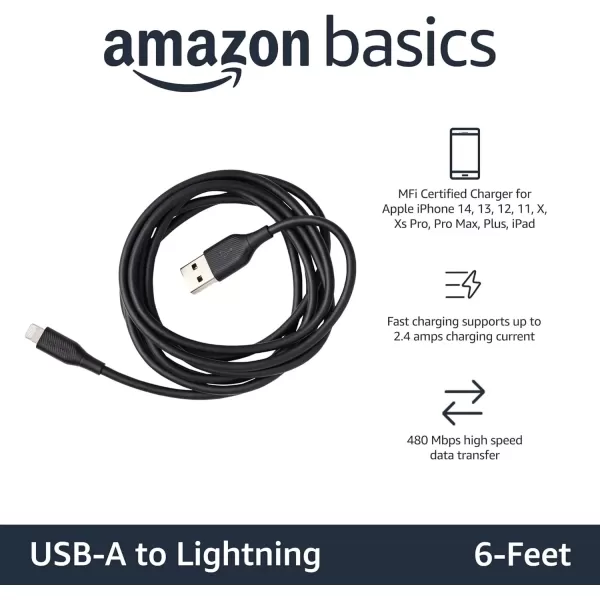 imageAmazon Basics USBA to Lightning ABS Charger Cable MFi Certified Charger for Apple iPhone 14 13 12 11 X Xs Pro Pro Max Plus iPad 6 Foot WhiteBlack