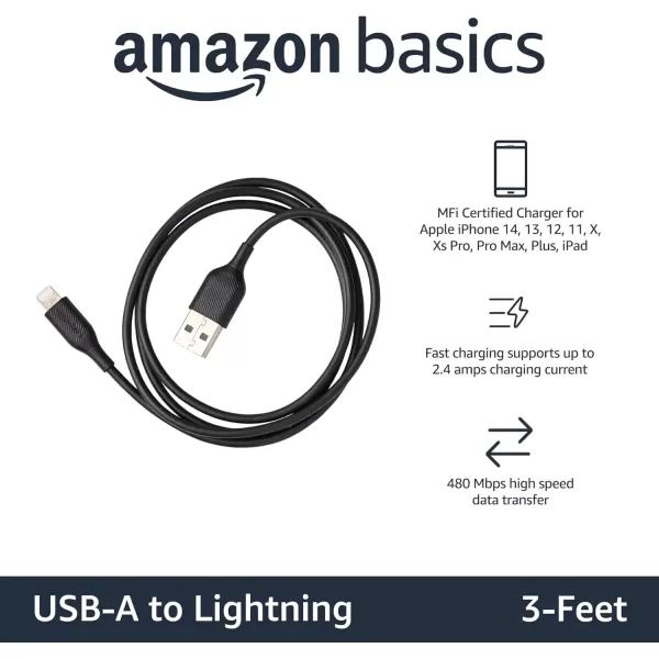 imageAmazon Basics USBA to Lightning ABS Charger Cable MFi Certified Charger for Apple iPhone 14 13 12 11 X Xs Pro Pro Max Plus iPad 6 Foot WhiteBlack