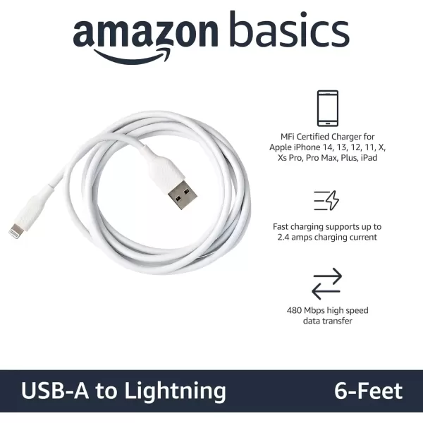 imageAmazon Basics USBA to Lightning ABS Charger Cable MFi Certified Charger for Apple iPhone 14 13 12 11 X Xs Pro Pro Max Plus iPad 6 Foot WhiteWhite