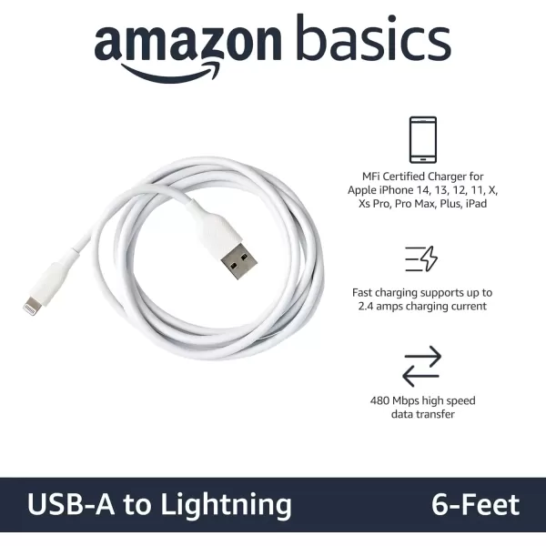 imageAmazon Basics USBA to Lightning ABS Charger Cable MFi Certified Charger for Apple iPhone 14 13 12 11 X Xs Pro Pro Max Plus iPad 6 Foot WhiteWhite