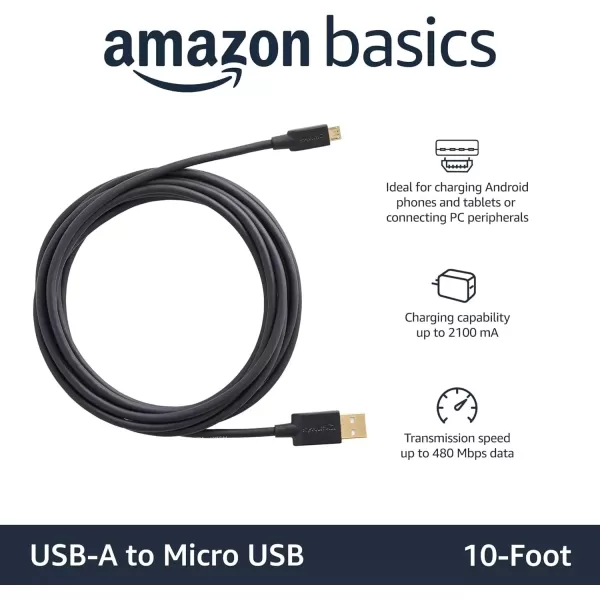 imageAmazon Basics USBA to Micro USB Fast Charging Cable 480Mbps Transfer Speed with GoldPlated Plugs USB 20 10 Foot Black10 Feet