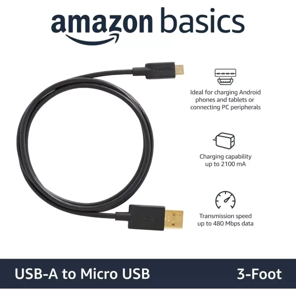 imageAmazon Basics USBA to Micro USB Fast Charging Cable 480Mbps Transfer Speed with GoldPlated Plugs USB 20 10 Foot Black3 Feet