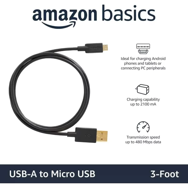 imageAmazon Basics USBA to Micro USB Fast Charging Cable 480Mbps Transfer Speed with GoldPlated Plugs USB 20 10 Foot Black3 Feet