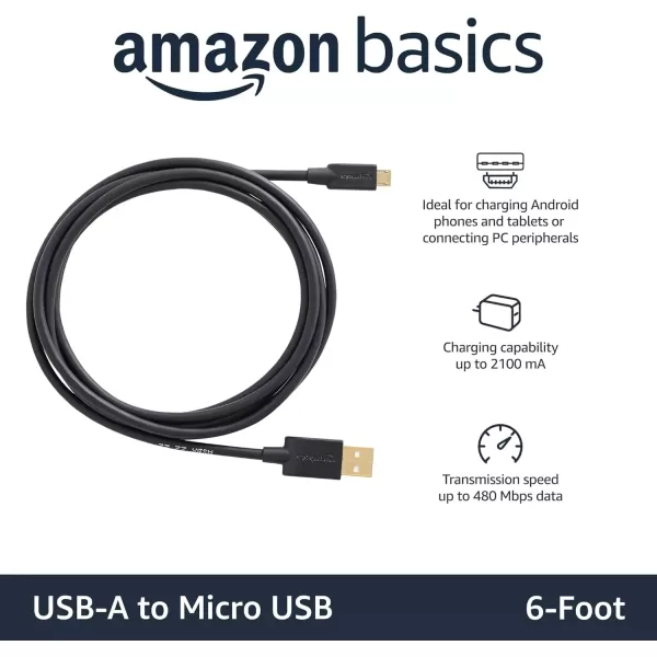 imageAmazon Basics USBA to Micro USB Fast Charging Cable 480Mbps Transfer Speed with GoldPlated Plugs USB 20 10 Foot Black6 Feet