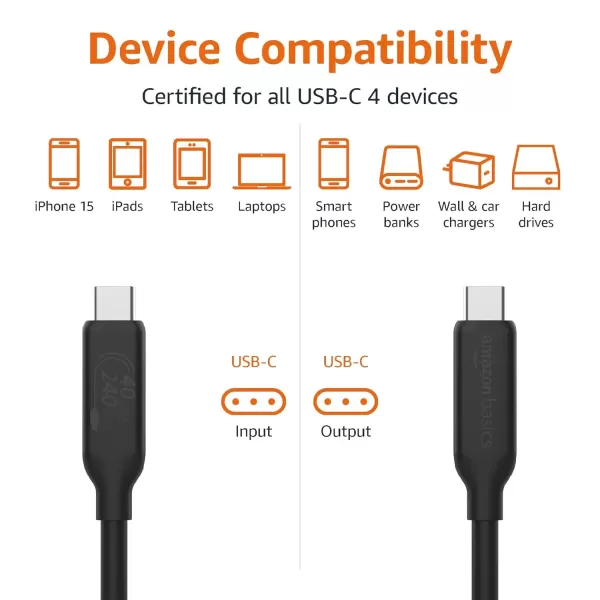 imageAmazon Basics USBC to USBC 4 Fast Charger Cable 40 Gbps 8K Video 240W USBIF Cert Thunderbolt 43 Compatible for Apple iPhone 1615 iPad Samsung Galaxy Tablets Laptops 33 Foot Black33 Foot Pack of 2