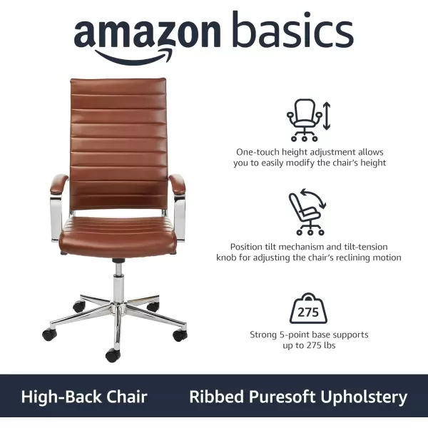 imageAmazon Basics HighBack Swivel Desk Chair Ergonomic Ribbed Faux Leather Upholstery Lumbar Support Home Modern Style Brick Red 2475quotD x 2325quotW x 4525quotHBrick Red