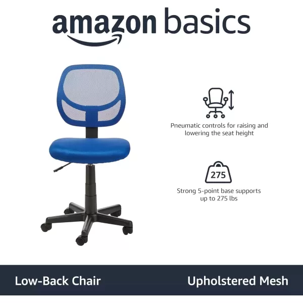 imageAmazon Basics Office Computer Task Desk Chair LowBack Pneumatic Seat Breathable Mesh Adjustable 2125quot D x 225quot W x 38quot H Swivel 270 Pound Capacity Blue NylonBlue