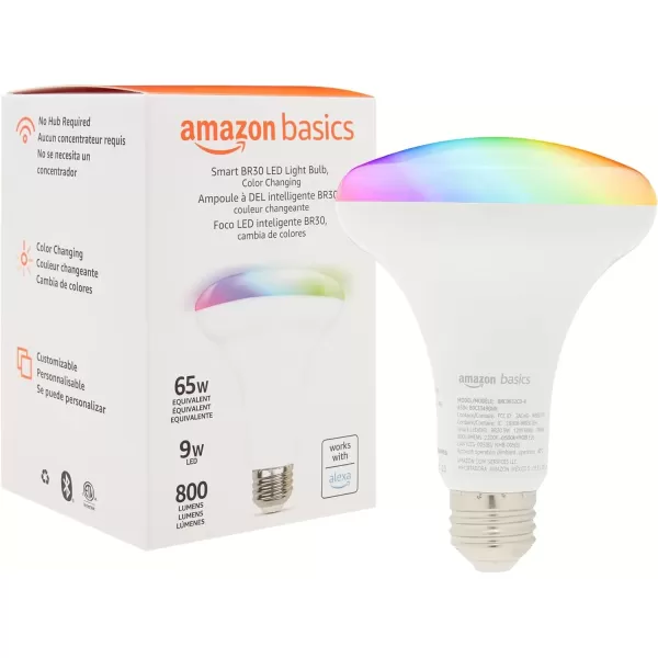 imageAmazon Basics Smart BR30 LED Light Bulb Dimmable Soft White 2700K 60W Equivalent 800LM Works with Alexa Only 24 GHz WiFi No Hub Required 4PackMulticolor