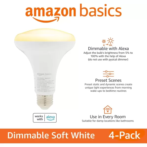 imageAmazon Basics Smart BR30 LED Light Bulb Dimmable Soft White 2700K 60W Equivalent 800LM Works with Alexa Only 24 GHz WiFi No Hub Required 4PackSoft White