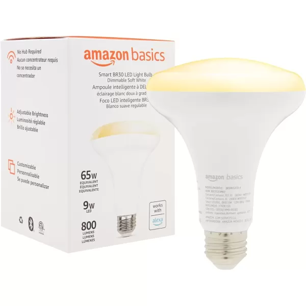 imageAmazon Basics Smart BR30 LED Light Bulb Dimmable Soft White 2700K 60W Equivalent 800LM Works with Alexa Only 24 GHz WiFi No Hub Required 4PackSoft White