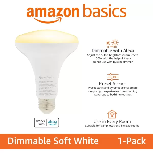 imageAmazon Basics Smart BR30 LED Light Bulb Dimmable Soft White 2700K 60W Equivalent 800LM Works with Alexa Only 24 GHz WiFi No Hub Required 4PackSoft White