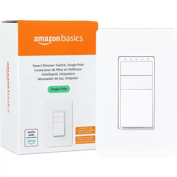 imageAmazon Basics Smart Dimmer Switch Single Pole Works with Alexa Only 24 GHz WiFi No Hub Required WhiteSingle Pole Dimmer
