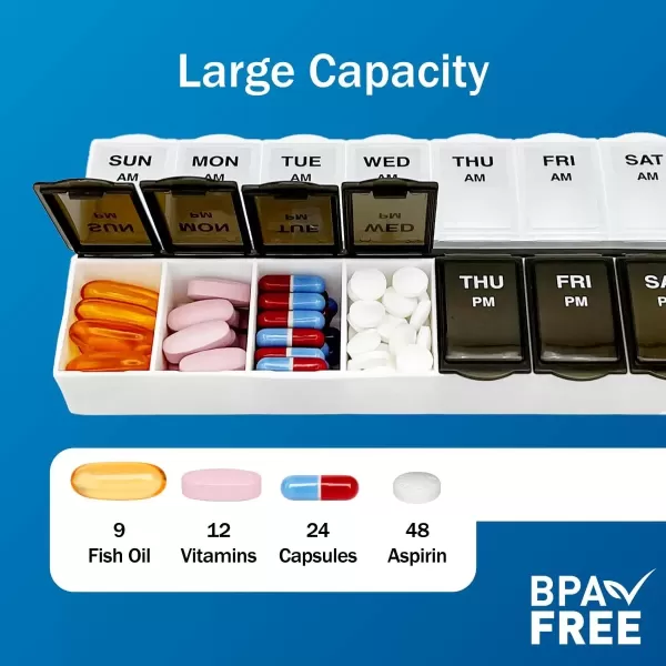 imageAmazon Basic Care 7Day AMPM Pill Organizer Vitamin Case And Medicine Box Large Compartments 2 Times a Day Blue and Clear LidsBlack