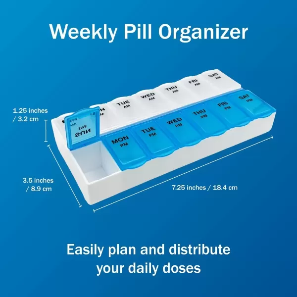 imageAmazon Basic Care 7Day AMPM Pill Organizer Vitamin Case And Medicine Box Large Compartments 2 Times a Day Blue and Clear LidsBlue