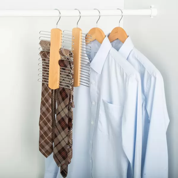 imageAmazon Basics 20 Bar Wooden Tie Hanger ampamp Belt Rack  Natural 2PackNatural