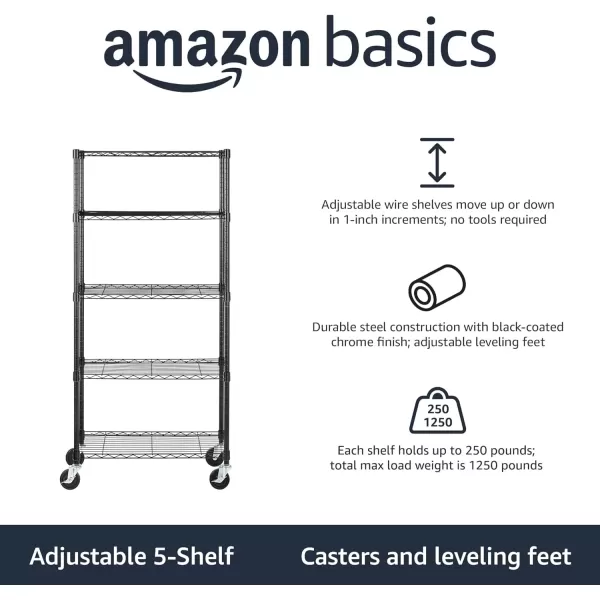 imageAmazon Basics 5Shelf Tower Adjustable Storage Shelving Unit Chrome 16quot D x 16quot W x 54quot HBlack