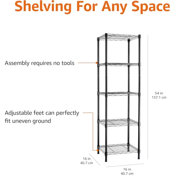 imageAmazon Basics 5Shelf Tower Adjustable Storage Shelving Unit Chrome 16quot D x 16quot W x 54quot HBlack