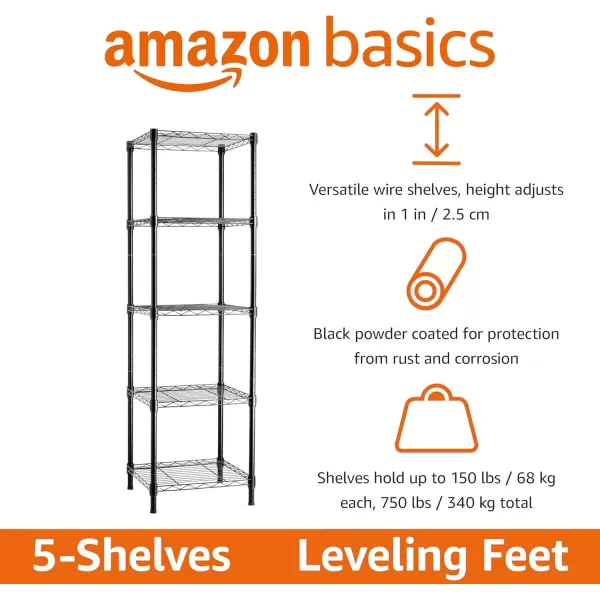 imageAmazon Basics 5Shelf Tower Adjustable Storage Shelving Unit Chrome 16quot D x 16quot W x 54quot HBlack