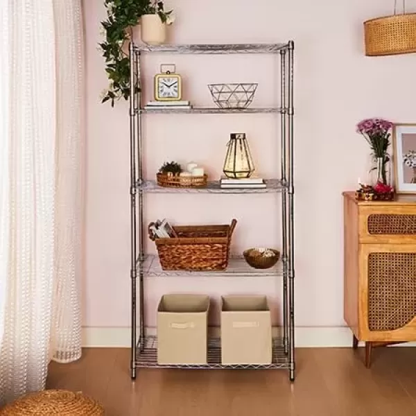 imageAmazon Basics 5Shelf Tower Adjustable Storage Shelving Unit Chrome 16quot D x 16quot W x 54quot HChrome