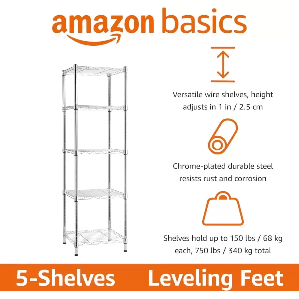 imageAmazon Basics 5Shelf Tower Adjustable Storage Shelving Unit Chrome 16quot D x 16quot W x 54quot HChrome