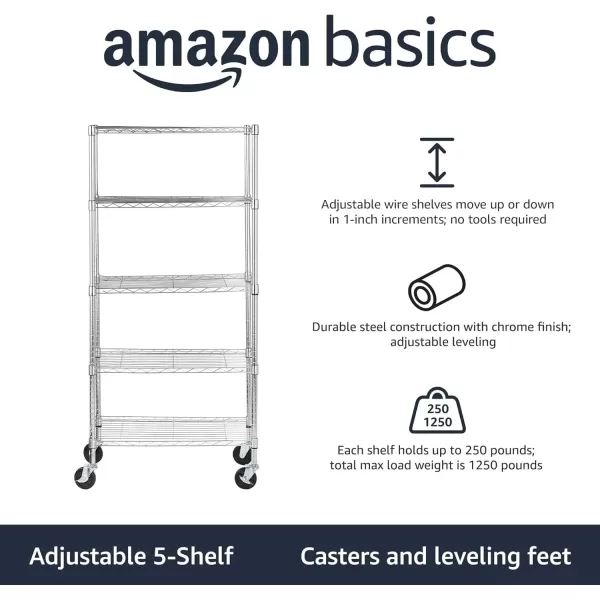 imageAmazon Basics 5Shelf Tower Adjustable Storage Shelving Unit Chrome 16quot D x 16quot W x 54quot HChrome