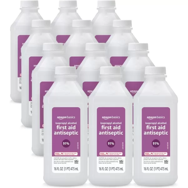 imageAmazon Basics 91 Isopropyl Alcohol First Aid Antiseptic Unscented 16 Fl oz 12Pack