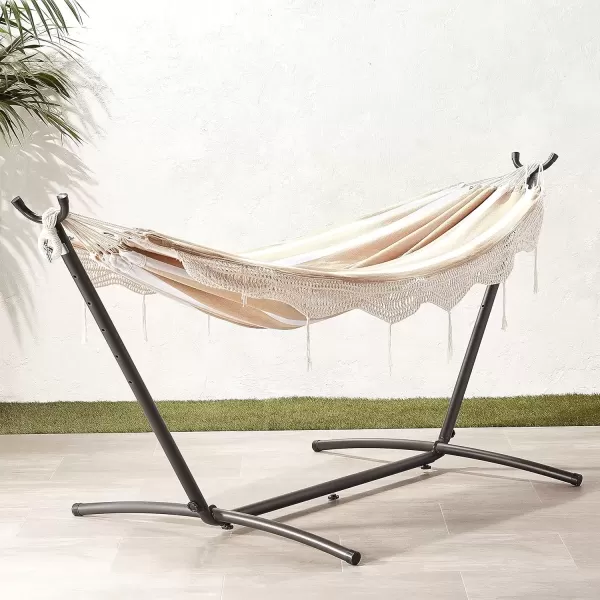 imageAmazon Basics Double 2 Person Heavy Duty Hammock with Space Saving Steel Stand and Carrying Case 470lb Capacity Multicolor 118 L x 461 W x 394 H inchesBeige Stripe With Lace