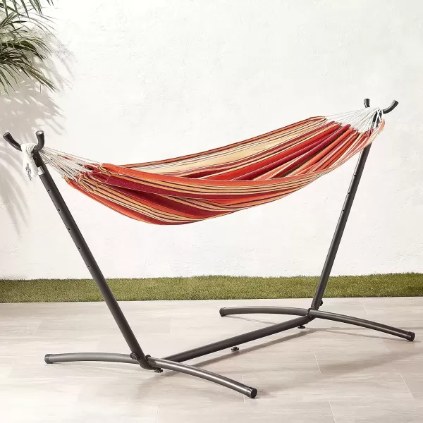 imageAmazon Basics Double 2 Person Heavy Duty Hammock with Space Saving Steel Stand and Carrying Case 470lb Capacity Multicolor 118 L x 461 W x 394 H inchesSunset Orange
