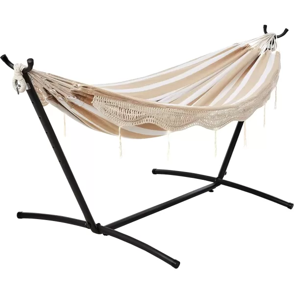 imageAmazon Basics Double 2 Person Heavy Duty Hammock with Space Saving Steel Stand and Carrying Case 470lb Capacity Multicolor 118 L x 461 W x 394 H inchesBeige Stripe With Lace