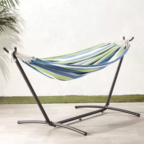 imageAmazon Basics Double 2 Person Heavy Duty Hammock with Space Saving Steel Stand and Carrying Case 470lb Capacity Multicolor 118 L x 461 W x 394 H inchesOasis Stripe